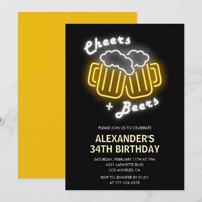 Neon Black Mens Cheers and Beers 34th birthday  Invitation (Front/Back)