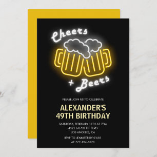 Neon Black Mens Cheers and Beers 49th birthday Invitation