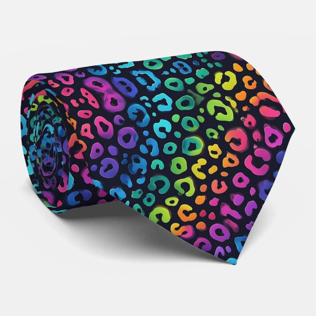 Neon Black Rainbow Leopard Print Neck Tie (Rolled)