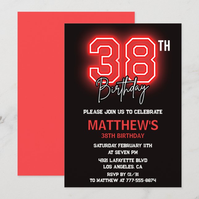 Neon Black Red Men Sport 38th birthday Invitation (Front/Back)