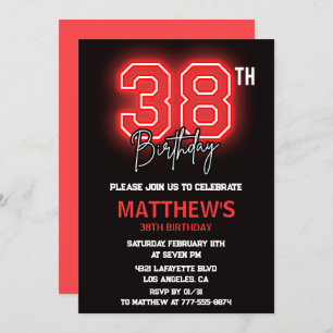 Neon Black Red Men Sport 38th birthday Invitation