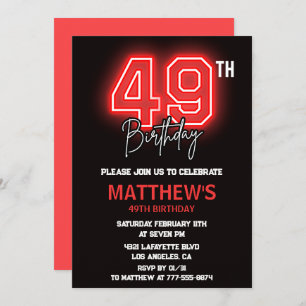 Neon Black Red Men Sport 49th birthday Invitation