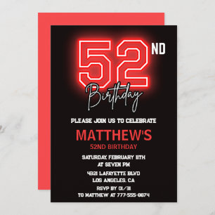 Neon Black Red Men Sport 52nd birthday Invitation