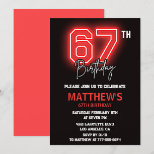 Neon Black Red Men Sport 67th birthday Invitation