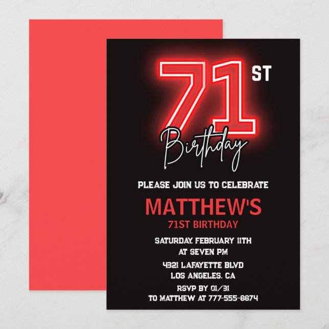 Neon Black Red Men Sport 71st birthday Invitation (Front/Back)