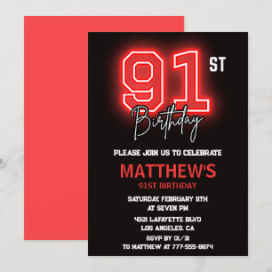 Neon Black Red Men Sport 91st birthday Invitation