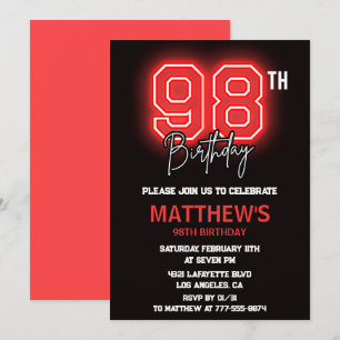 Neon Black Red Men Sport 98th birthday Invitation