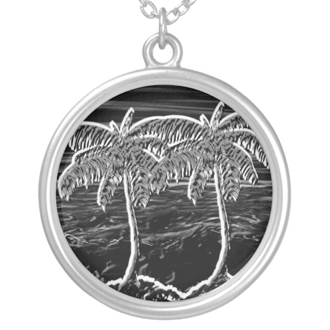 neon black round palm trees silver plated necklace (Front)