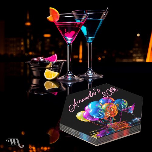 Neon Blacklight Cocktail Balloons Birthday Paper Coaster
