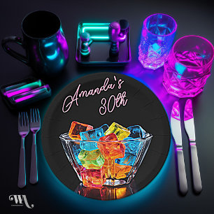 Neon Blacklight Hello Shots Cocktail Birthday Paper Plates