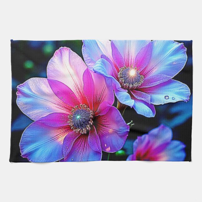 Neon Bloom Flower Magic Glow Design Kitchen Towel (Horizontal)
