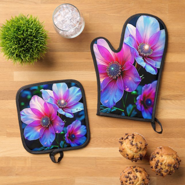 Neon Bloom Flower Magic Glow Design Oven Mitt & Pot Holder Set (Top Down)
