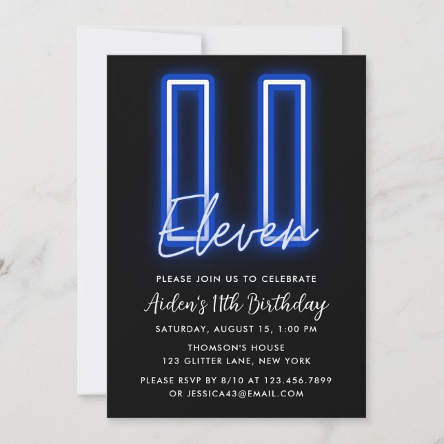 Neon Blue 11th Birthday Invitation (Front)