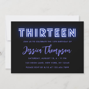 Neon Blue 13th Birthday Invitation