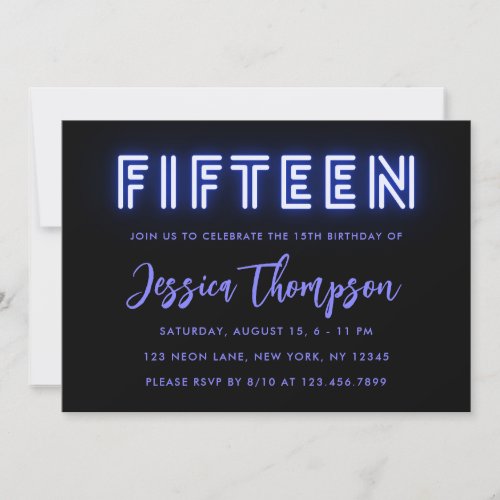 Neon Blue 15th Birthday Invitation