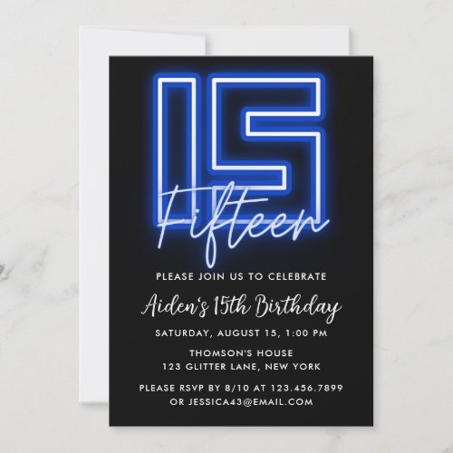 Neon Blue 15th Birthday Invitation