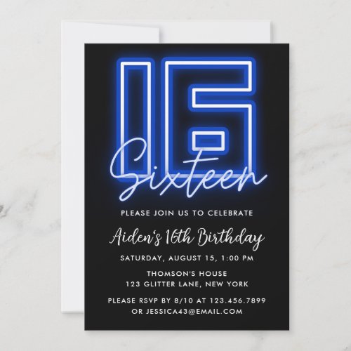 Neon Blue 16th Birthday Invitation