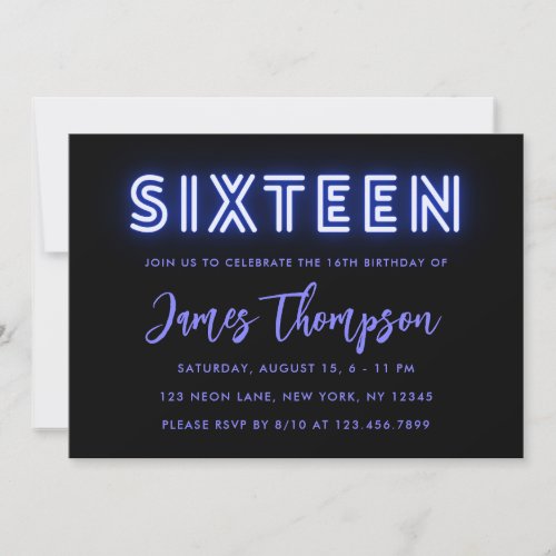 Neon Blue 16th Birthday Invitation