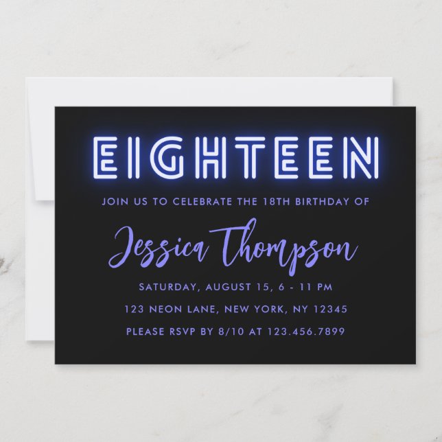 Neon Blue 18th Birthday Invitation (Front)