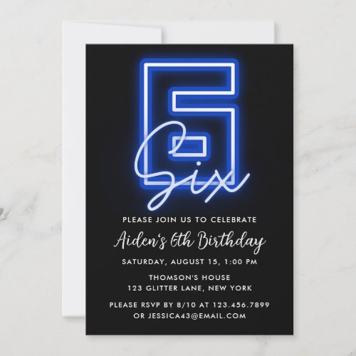 Neon Blue 6th Birthday Invitation