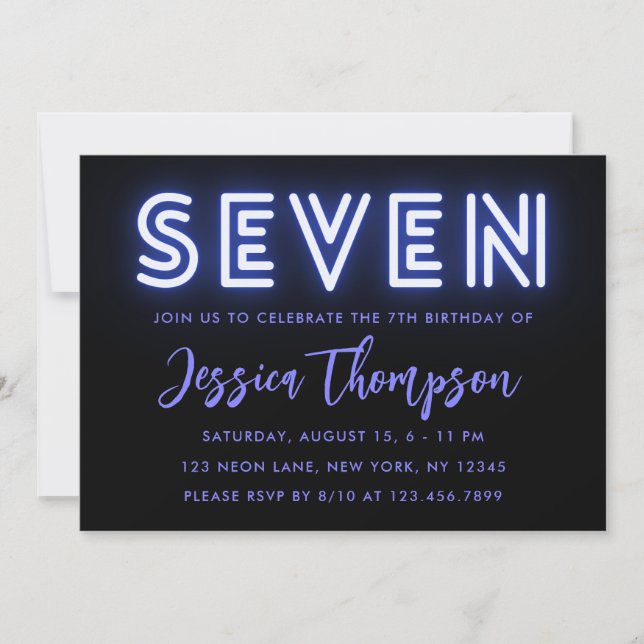 Neon Blue 7th Birthday Invitation (Front)