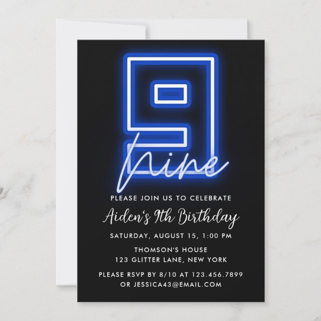 Neon Blue 9th Birthday Invitation (Front)