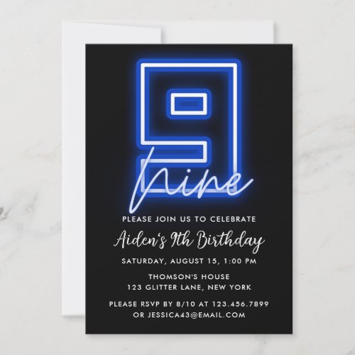 Neon Blue 9th Birthday Invitation