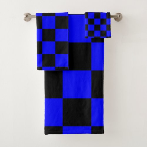 Neon Blue and Black Checkered Checkerboard Vintage Bath Towel Set