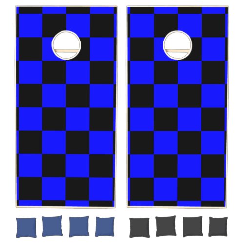 Neon Blue and Black Checkered Checkerboard Vintage Cornhole Set