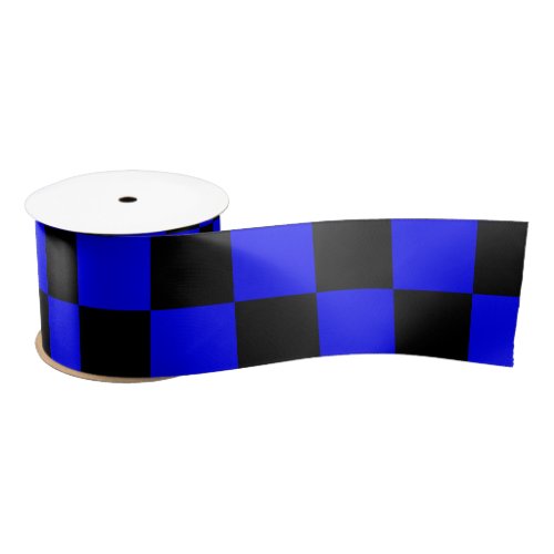 Neon Blue and Black Checkered Checkerboard Vintage Satin Ribbon