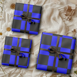 Neon Blue and Black Checkered Checkerboard Vintage Wrapping Paper Sheets