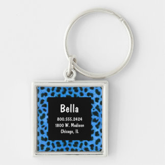 Neon Blue And Black Leopard Fur Pet ID Tag Keychain
