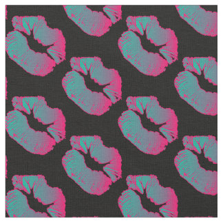 Neon BLue and Hot Pink Lipstick Kiss on Black Fabric