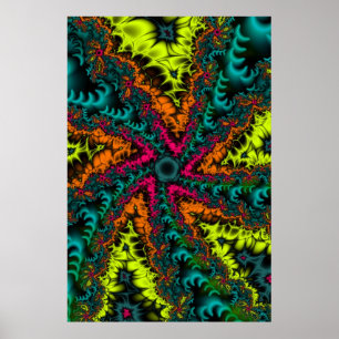 Neon Blue and Orange Fractal Art Poster
