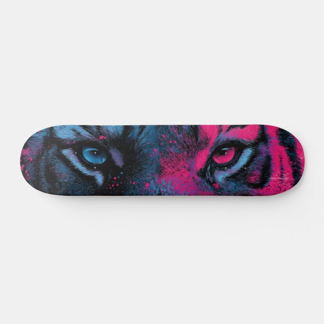 Neon Blue and Pink Close-up of Tiger Eyes Skateboard (Horz)