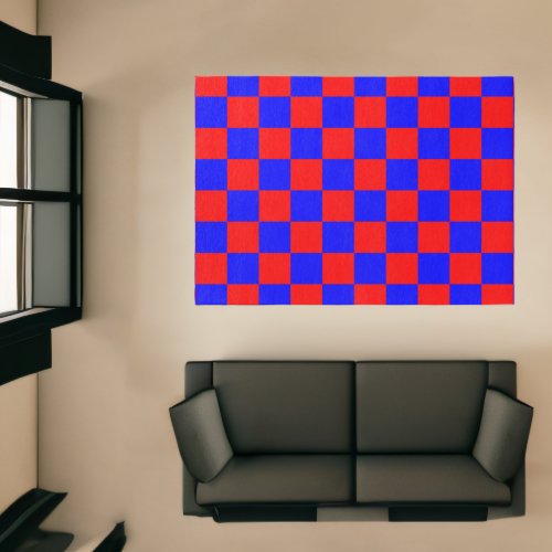 Neon Blue and Red Checkered Checkerboard Vintage Rug