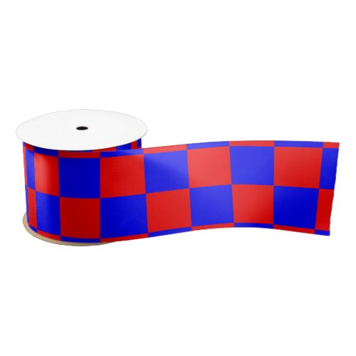 Neon Blue and Red Checkered Checkerboard Vintage Satin Ribbon