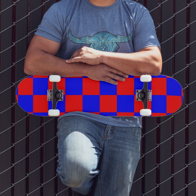 Neon Blue and Red Checkered Checkerboard Vintage Skateboard (Outdoor 3)