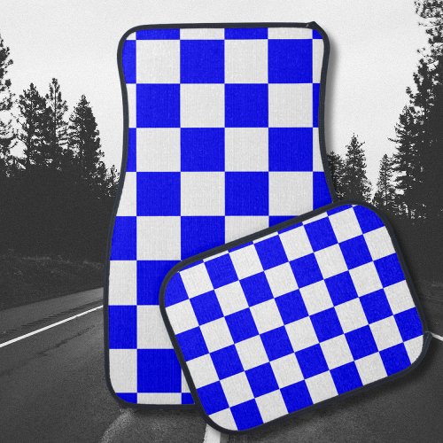 Neon Blue and White Checkered Checkerboard Vintage Car Floor Mat