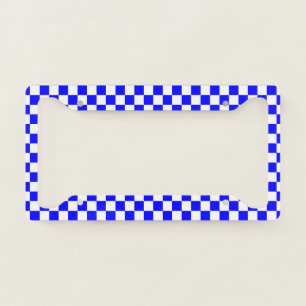 Neon Blue and White Checkered Checkerboard Vintage License Plate Frame