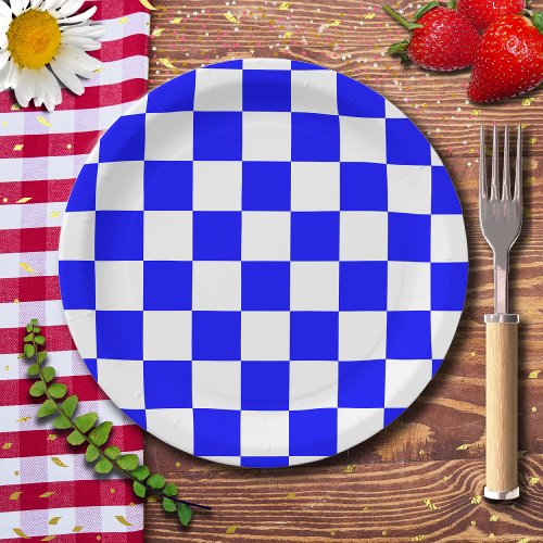 Neon Blue and White Checkered Checkerboard Vintage Paper Plates