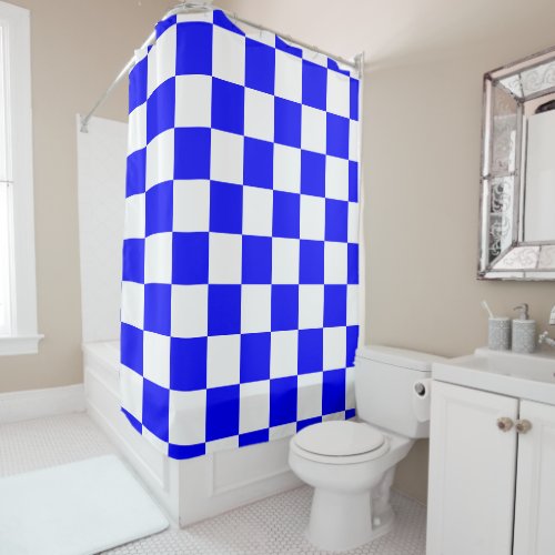 Neon Blue and White Checkered Checkerboard Vintage Shower Curtain