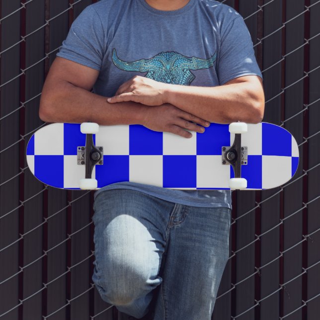 Neon Blue and White Checkered Checkerboard Vintage Skateboard (Outdoor 3)
