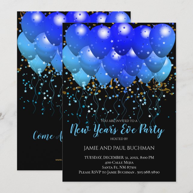 Neon Blue balloons And Gold Confetti On Black Invitation (Front/Back)