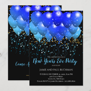 Neon Blue balloons And Gold Confetti On Black Invitation