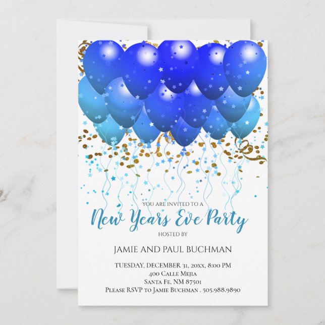 Neon Blue balloons And Gold Confetti On White Invitation (Front)