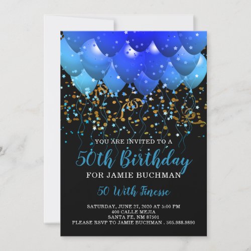 Neon Blue Balloons Confetti 50th Birthday Party Invitation