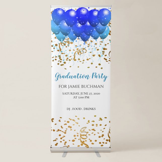 Neon Blue Balloons Gold Confetti Graduation Party Retractable Banner (Front)