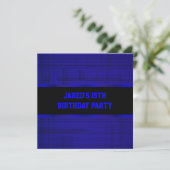 Neon Blue Black Stripe Boys 15th Birthday Party Invitation (Standing Front)