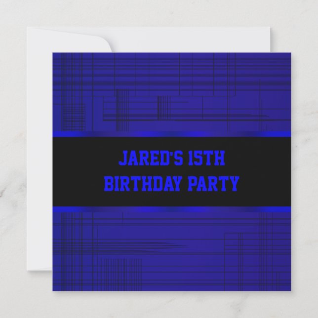 Neon Blue Black Stripe Boys 15th Birthday Party Invitation (Front)